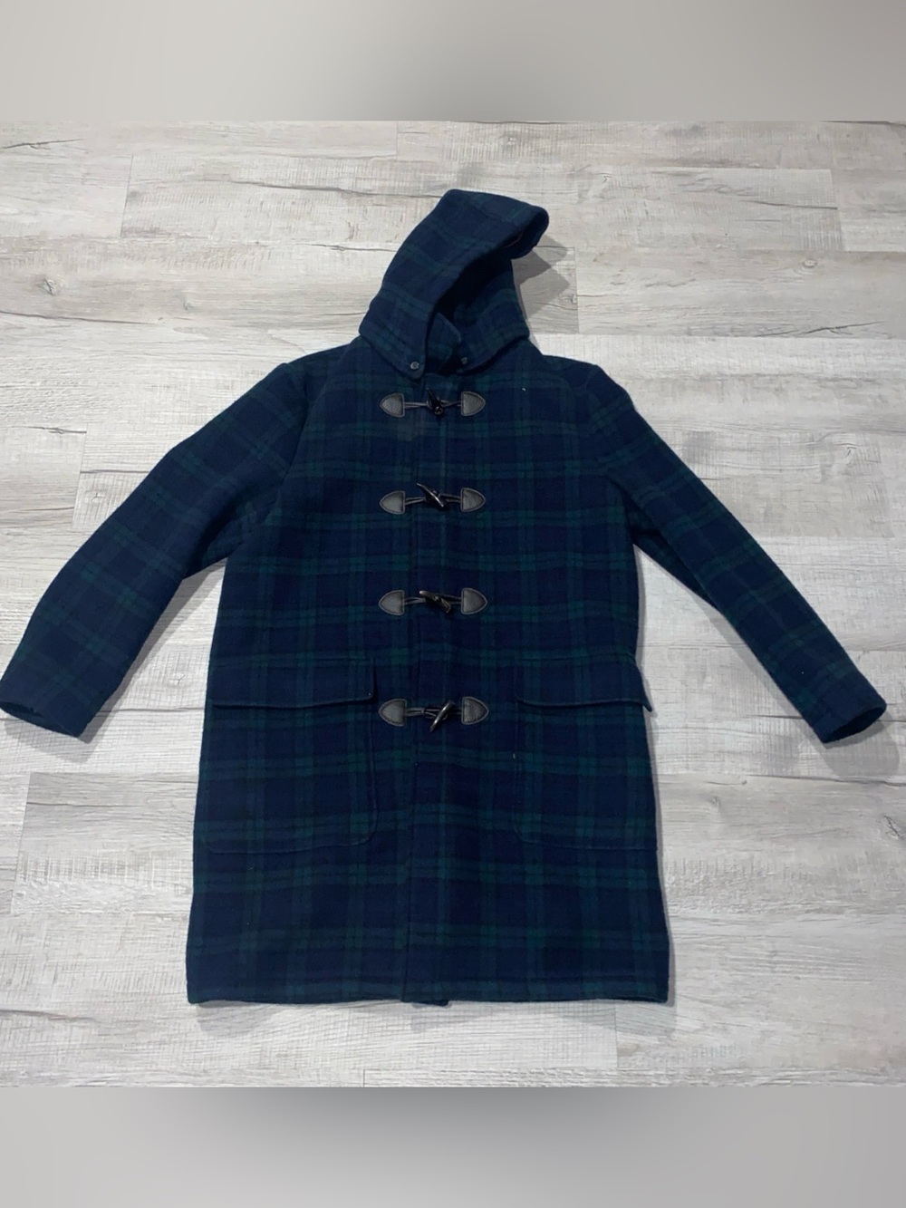 Brooks Brothers Navy and Green Plaid Hooded Duffle Coat